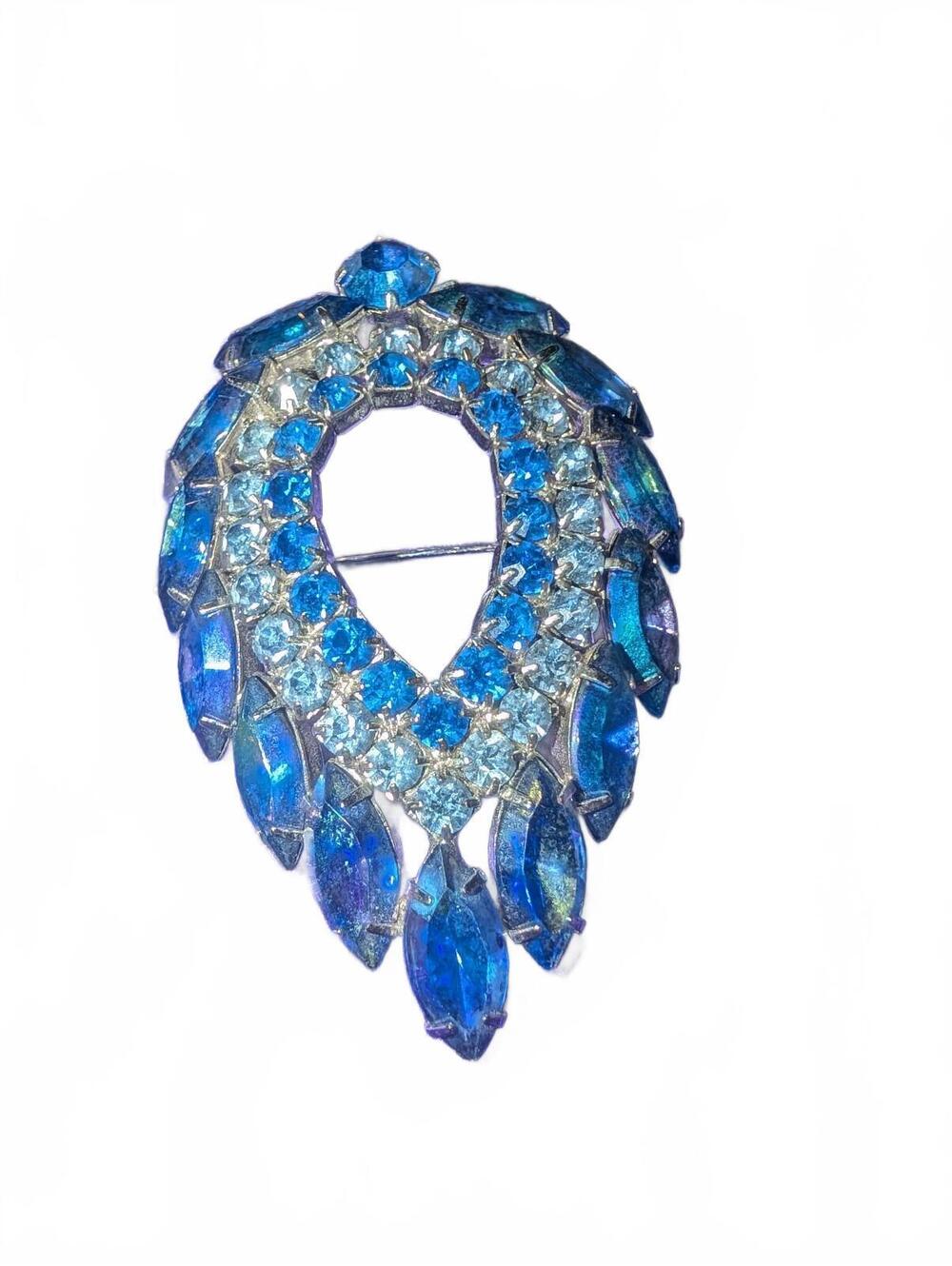 Vintage Blue Rhinestone Teardrop Brooch Pin